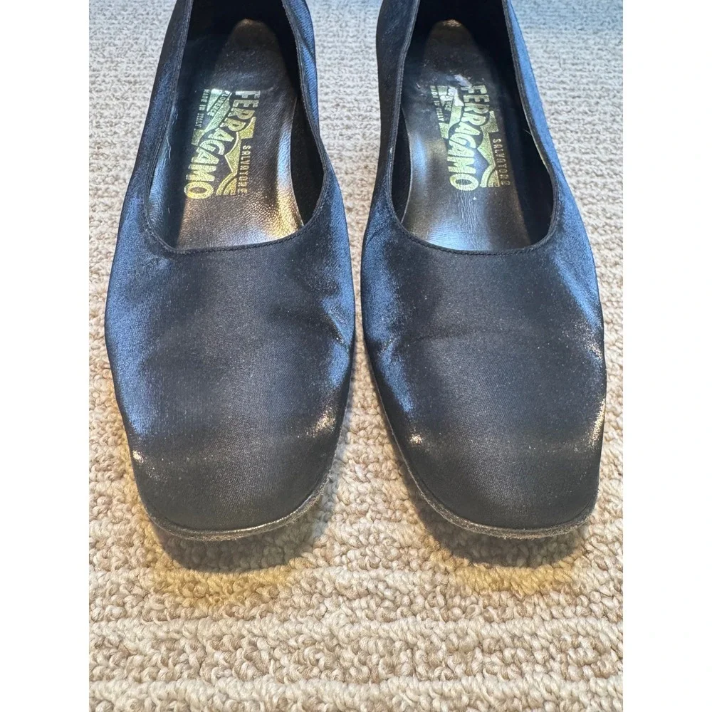 Vintage Salvatore Ferragamo‎ Black Square Toe Block Heel Pumps Women's 8 Italy